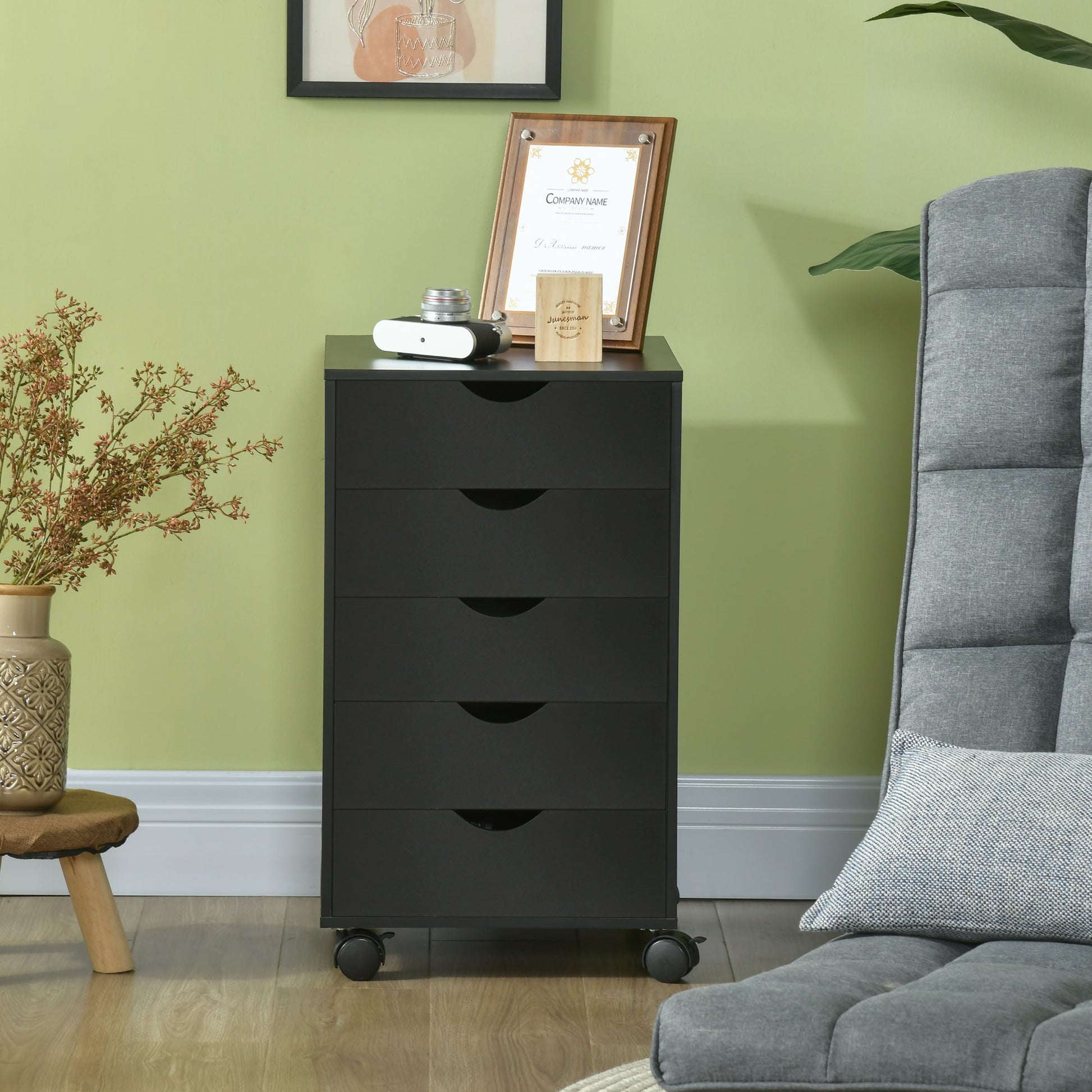 File Cabinet with 5 Drawer Wheels, 15.7" x 15.7" x 26.4", Black