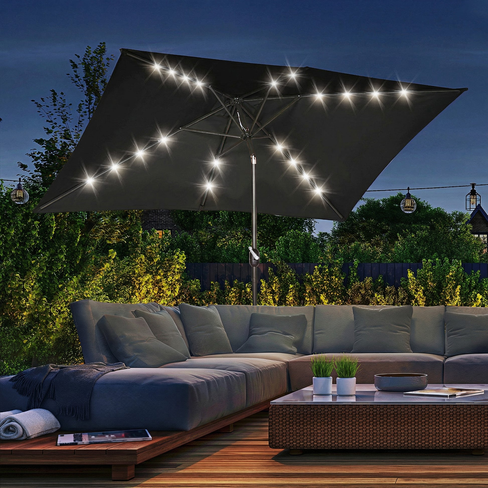 6.5x10ft Patio Umbrella, Rectangle Tilt Outdoor Market Parasol with LEDs, Black