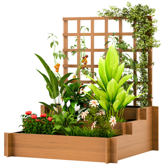 Wooden Elevated Planter Box with Trellis for Climbing Plants, 3 Tier Raised Garden Bed for Garden, Outdoor, Brown
