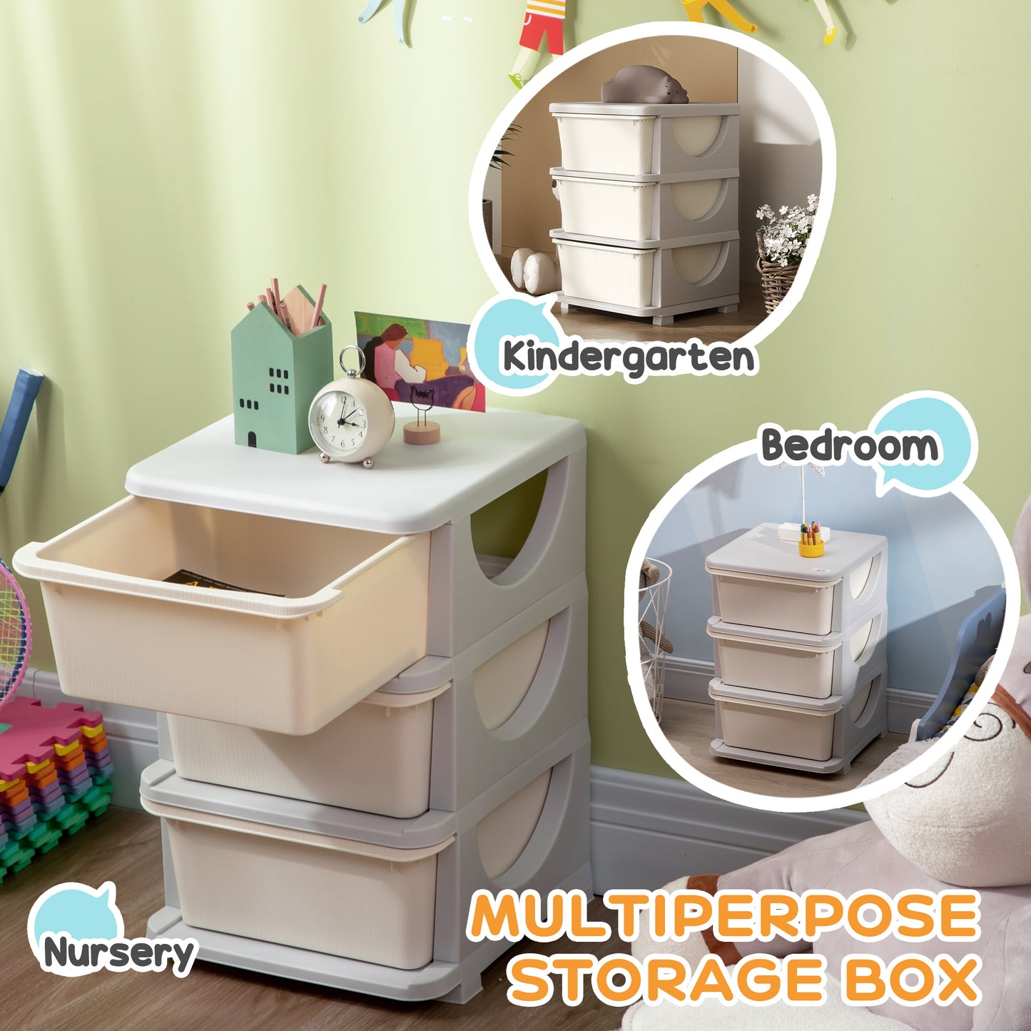 Qaba 3 Tier Kids Toy Organizer and Storage Bins with 3 Plastic Drawers, Cream White
