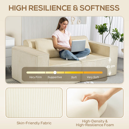 Boneless Couch, Corduroy 3 Seater Sofa with Deep Seat, Wide Armrests, 2 Pillows, Quick Assembly for Living Room, Beige