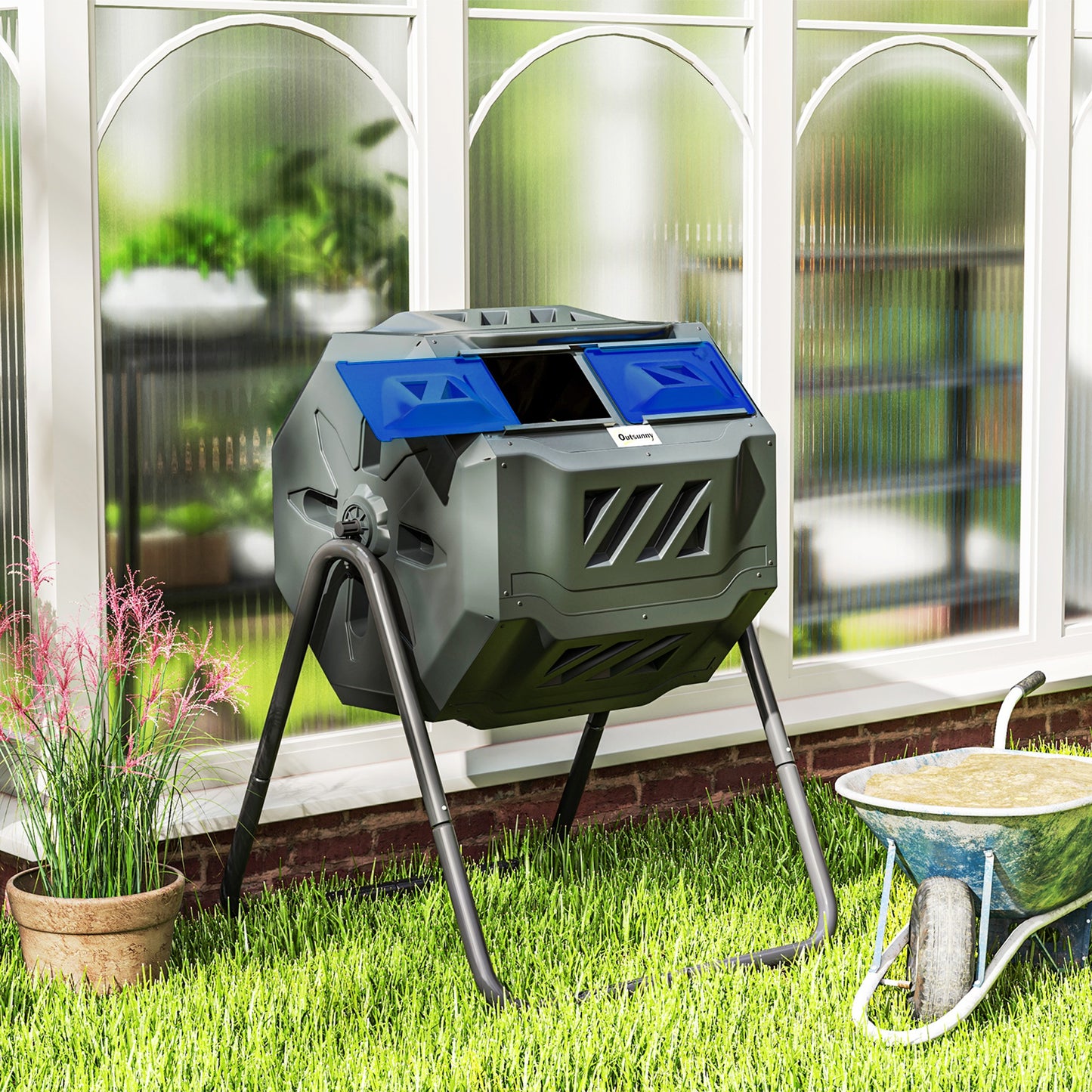 Tumbling Compost Bin Outdoor Dual Chamber 360° Rotating Composter 43 Gallon with Sliding Doors, Blue