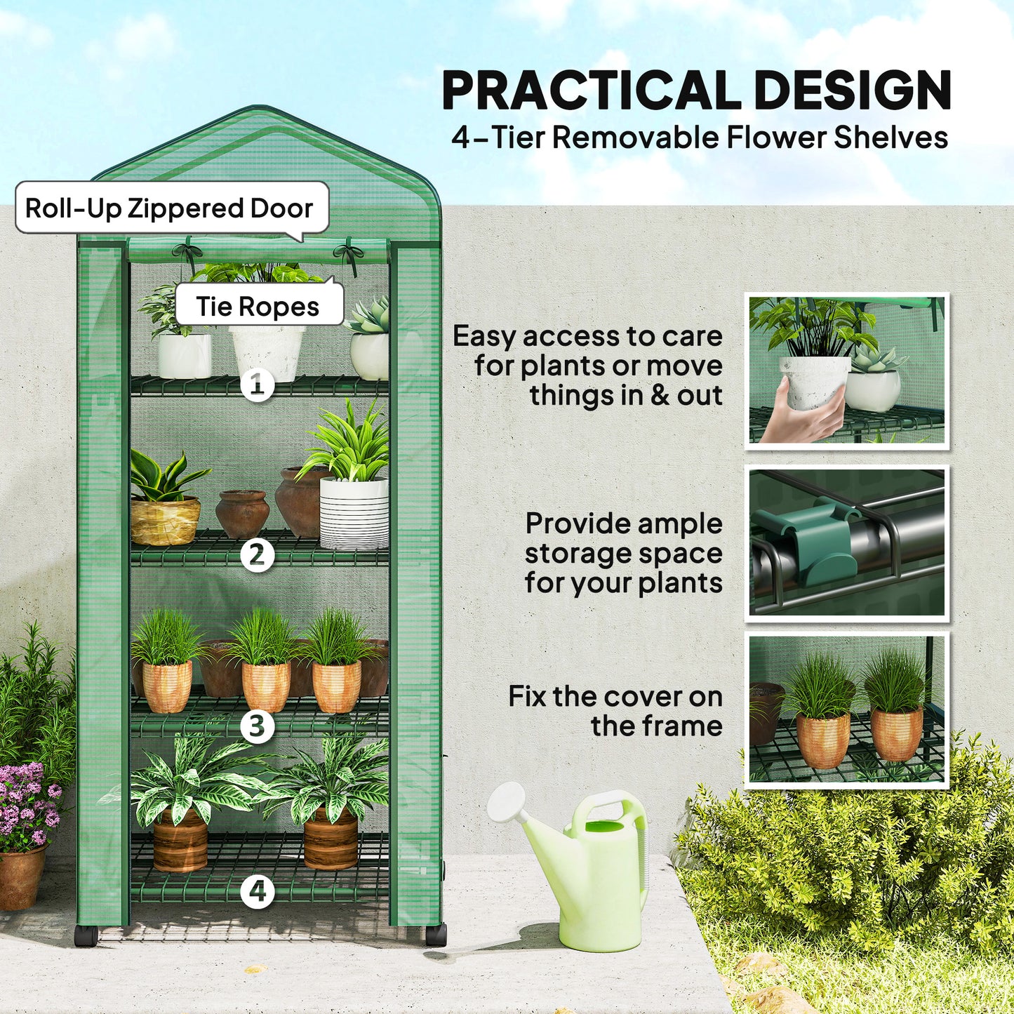 Portable Greenhouse, Outdoor Hot House Plant Flower Greenhouse with 4 Tier Shelves, PE Cover, Green