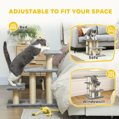 Cat Stairs with 2 Sisal Scratching Post for High Bed Couch, Adjustable 3-Tier Pet Stairs, White & Grey