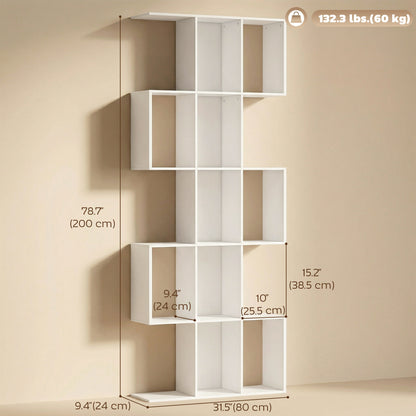 5-Tier Bookshelf, S Shaped Geometric Bookcase with 15 Compartments, White Wood Grain