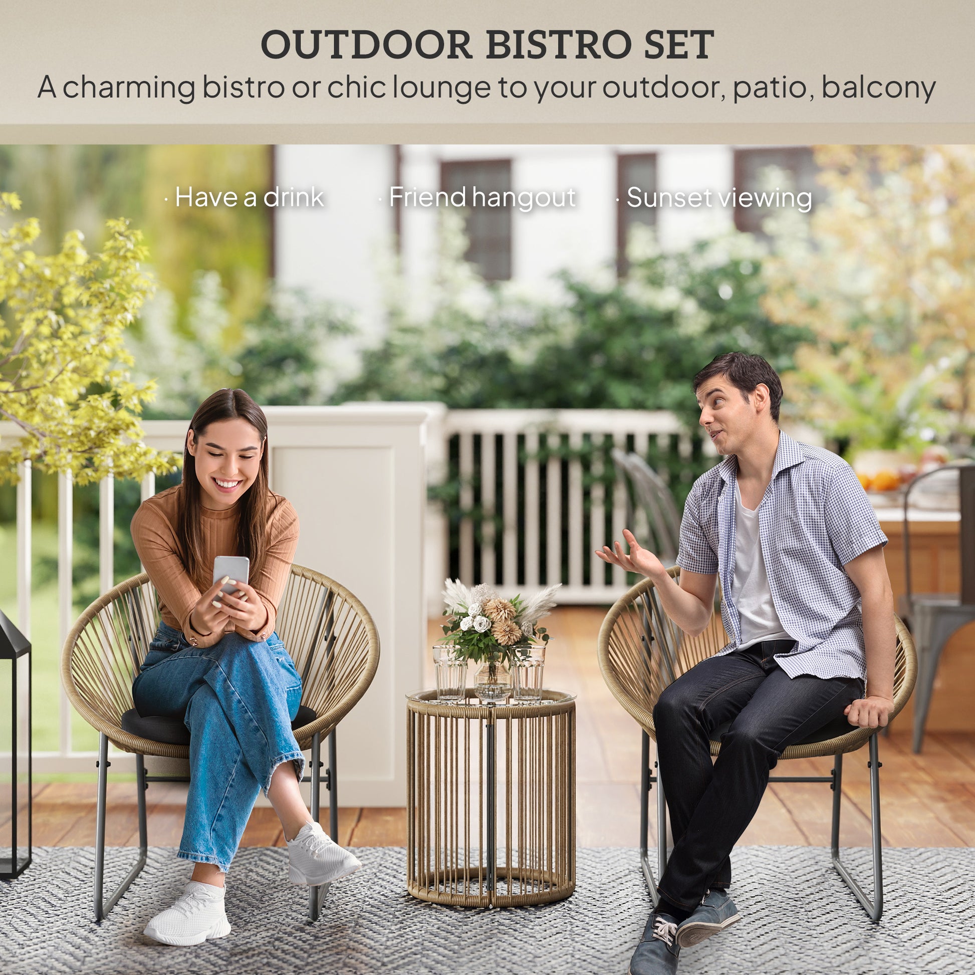 Outdoor Bistro Set, 3 Piece Wicker Patio Furniture Set with 2 Chairs and Glass-Top Table, Natural Wood