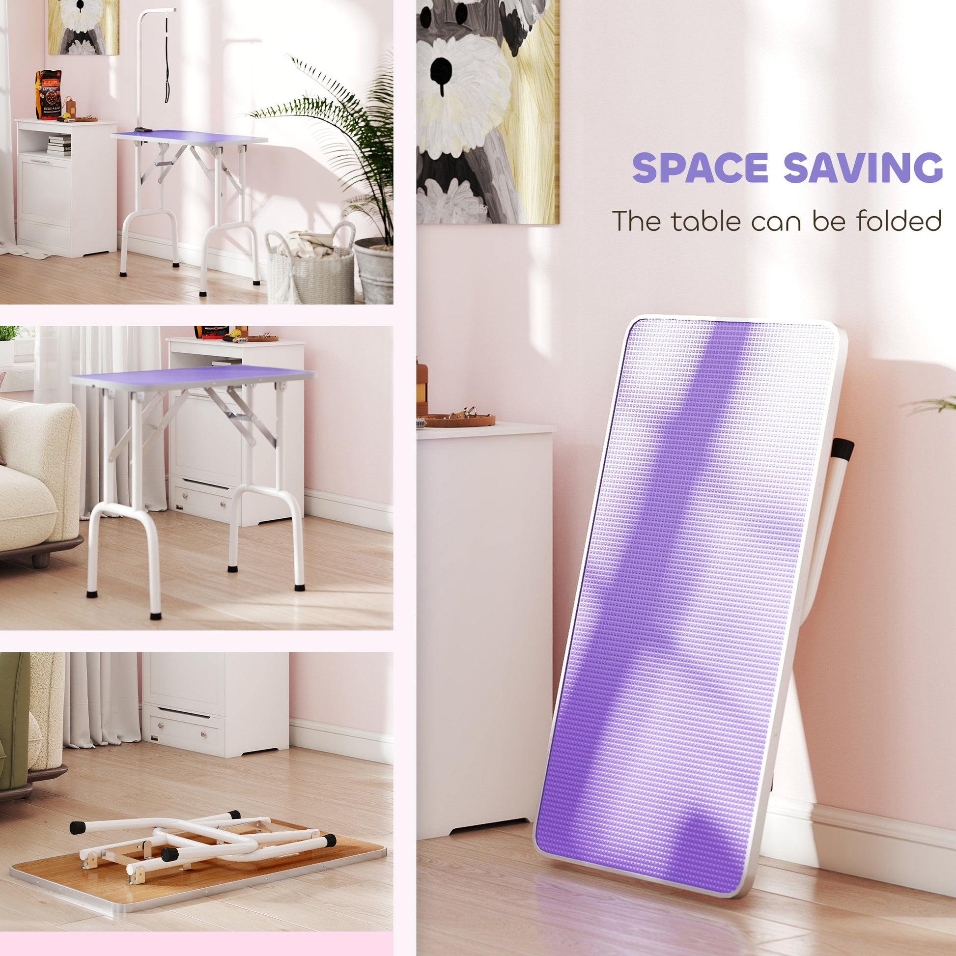 Foldable Pet Grooming Table for Dogs Cats with Adjustable Arm, Non-slip Surface, Purple