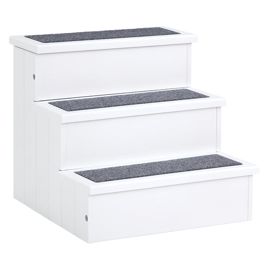 Pet Steps 3-Step Dog Stairs for Small Dogs Cats and Wooden Ramp with Storage Box Carpet Tread, White