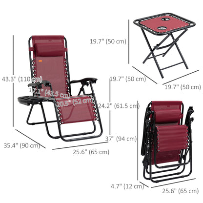 Zero Gravity Chair Set of 2 Patio Chair with Side Table Cupholders and Pillows for Pool, Backyard, Lawn, Beach, Red