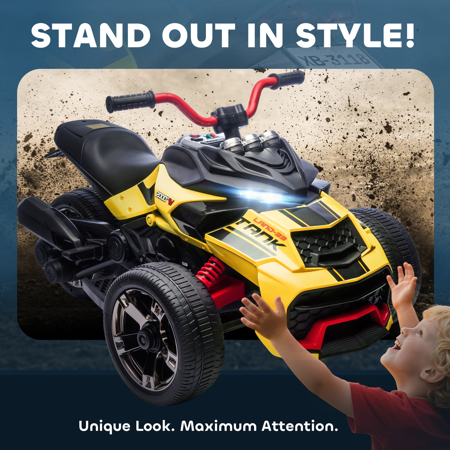 Qaba 12V Kids Ride On ATV with MP3 Player, Music, Horn, 2 Speeds, LED Lights, Gift for Boys & Girls, Yellow