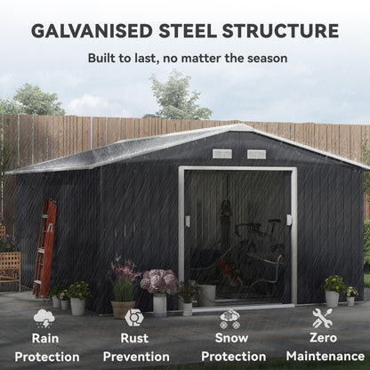 11.2ft x 12.5ft Practical Backyard Garden Storage Tool Shed 4 Ventilation Slots Double Sliding Door, Grey