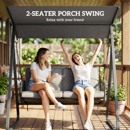 2-Person Outdoor Patio Porch Swing with Adjustable Canopy, Rattan Hanging Swing Bench with Soft Cushions