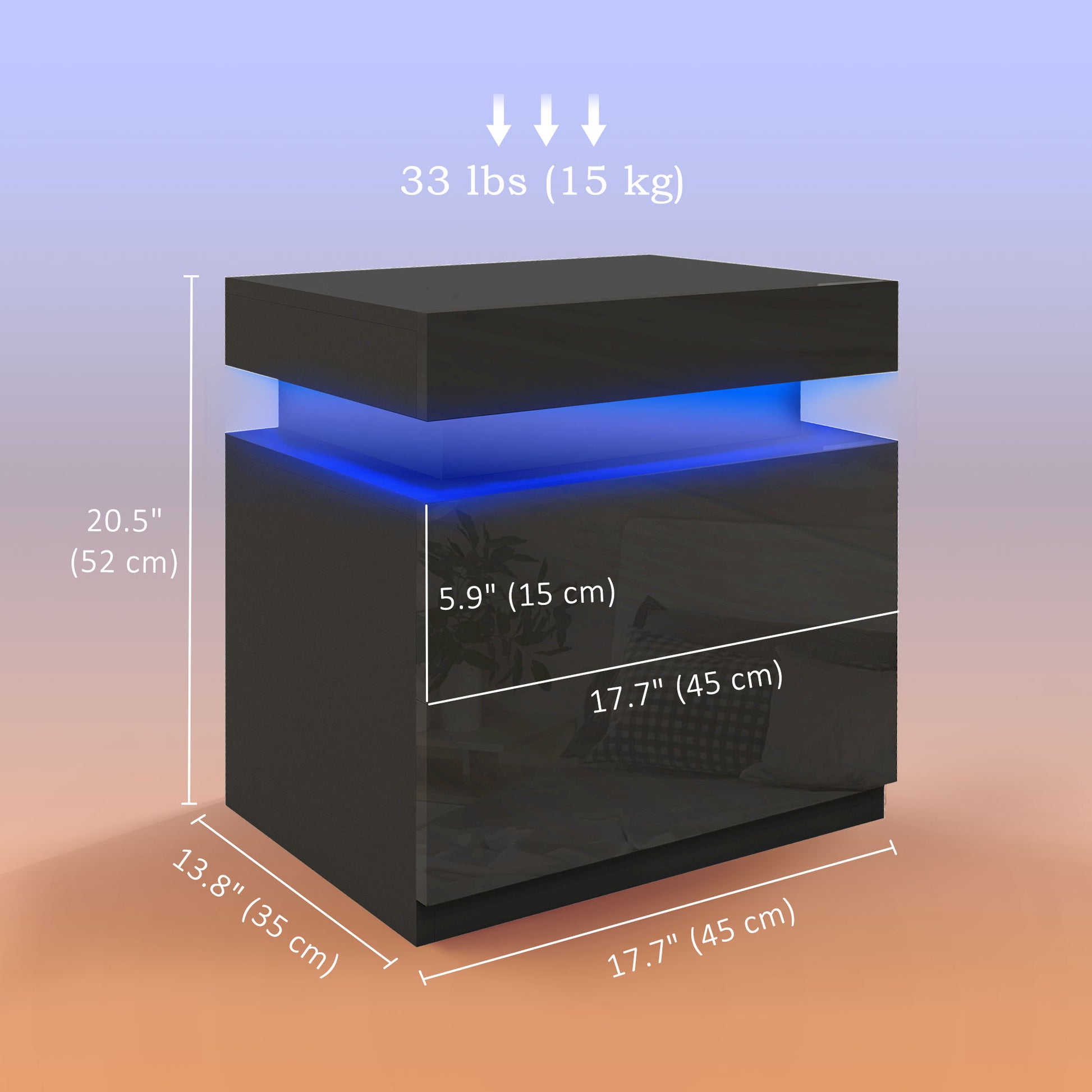 Nightstand, Bedside Table with LED Lights and 2 Drawers for Bedroom, Living Room, Black