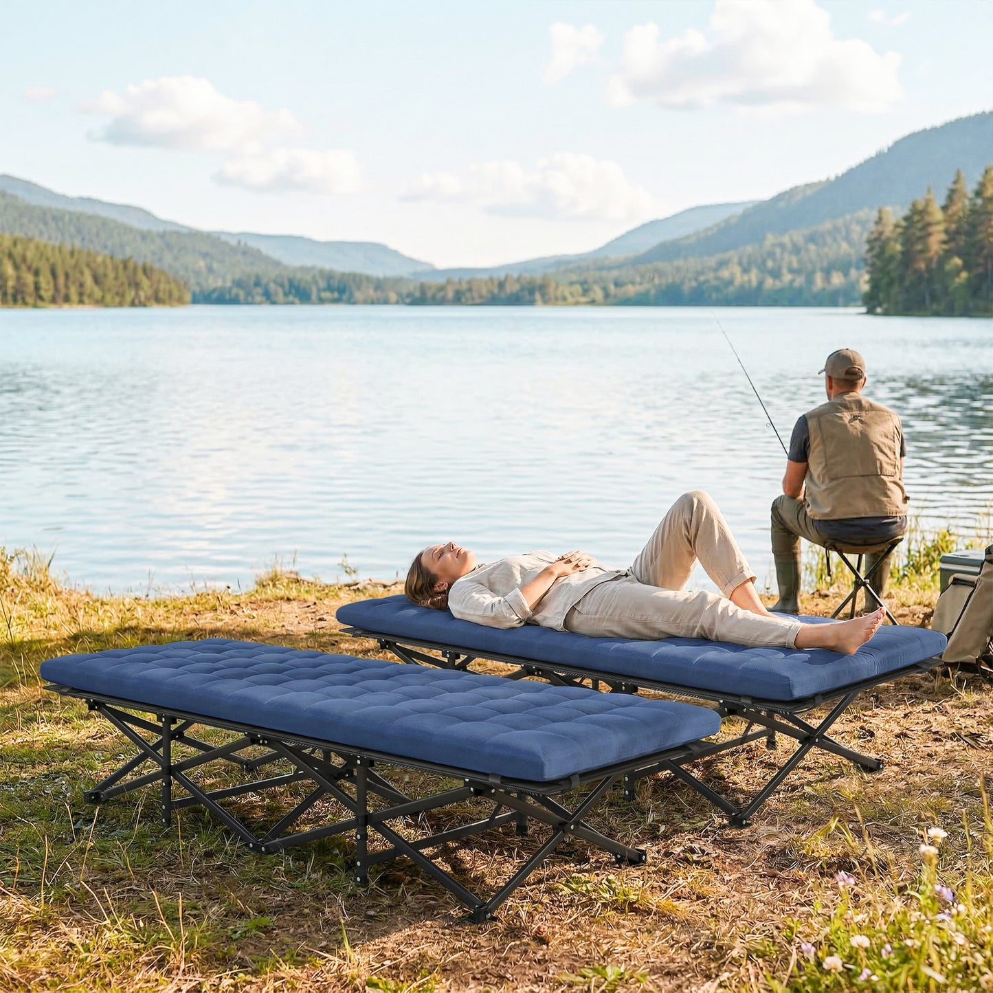 Set of 2 Camping Cot with Soft Pad, 32" Extra Wide Folding Cots with Non-Slip Feet and Carry Bag, Blue
