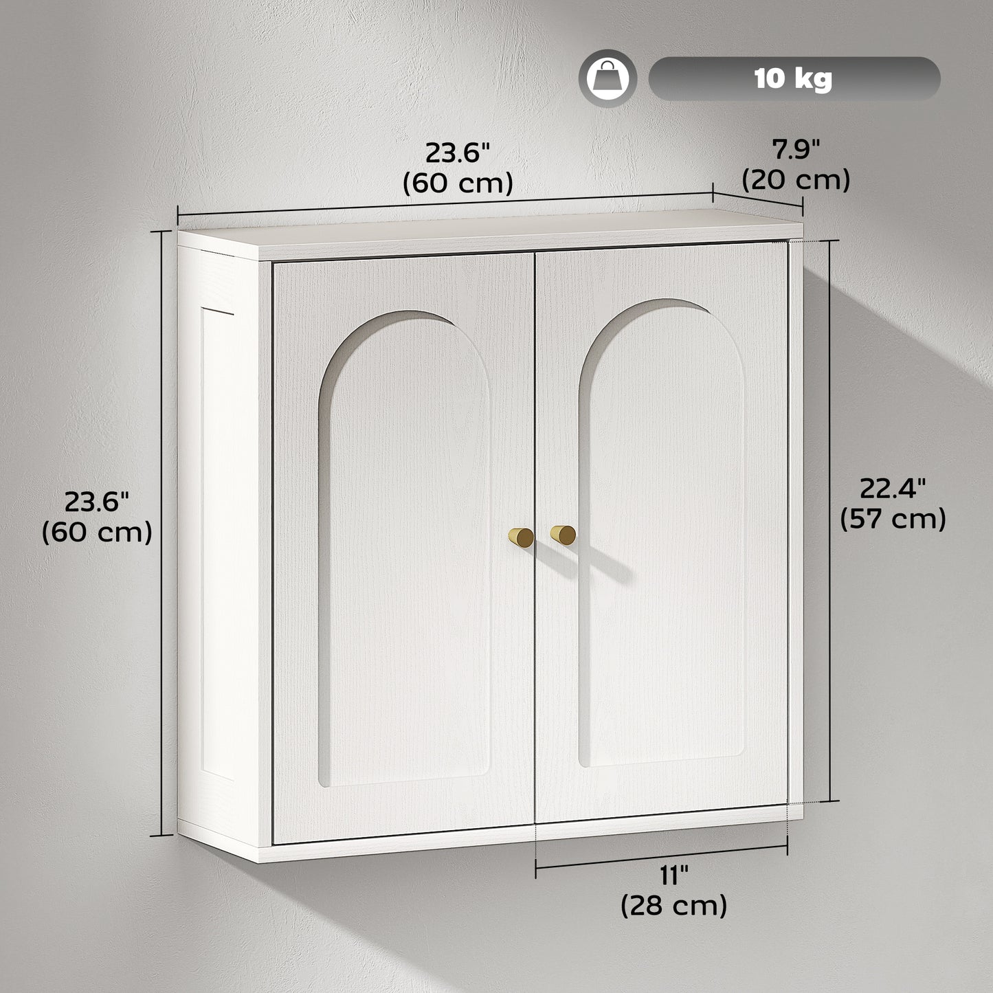 Medicine Cabinet, Modern Bathroom Wall Cabinet with 2 Arched Doors and Gold Handles, White Wood Grain