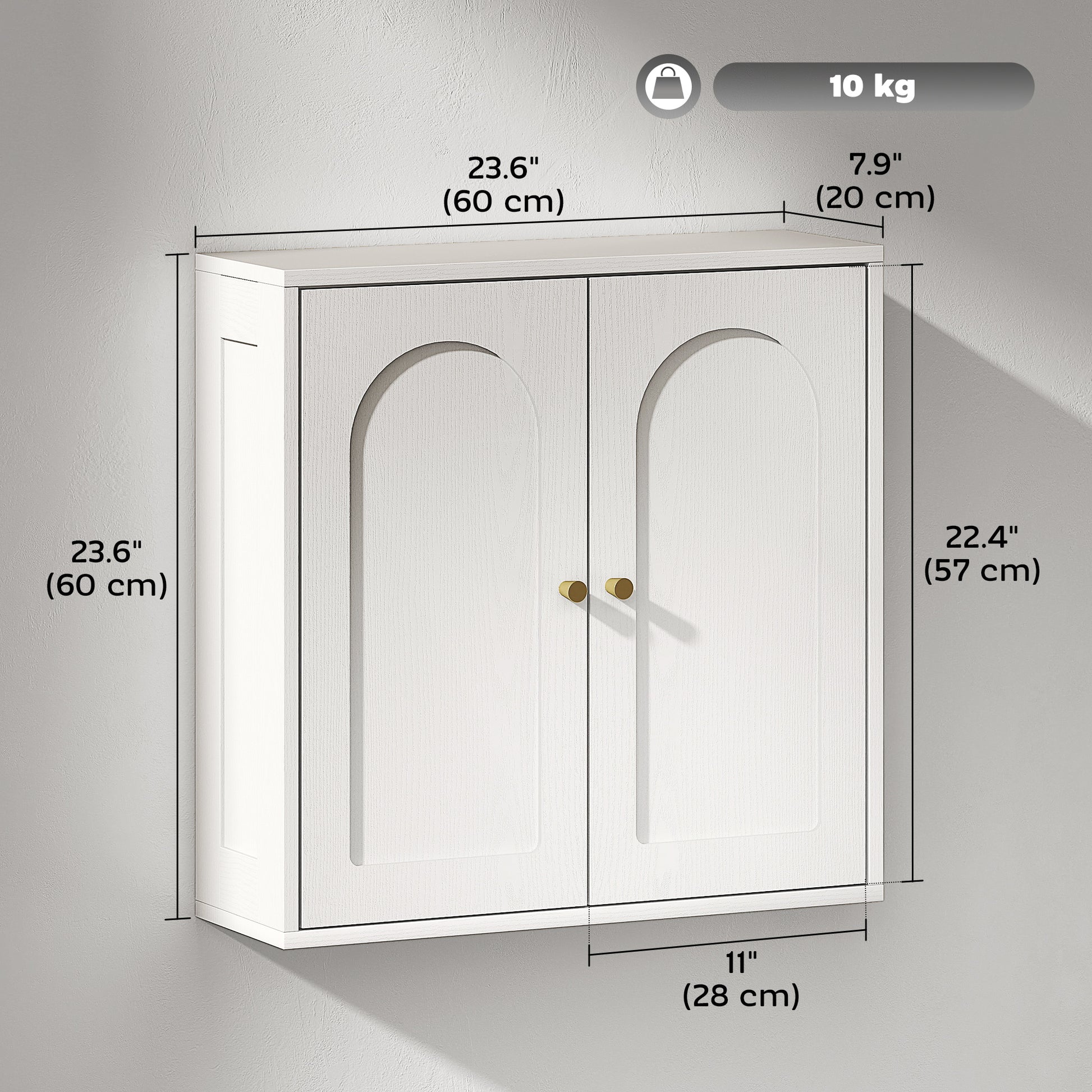 Medicine Cabinet, Modern Bathroom Wall Cabinet with 2 Arched Doors and Gold Handles, White Wood Grain