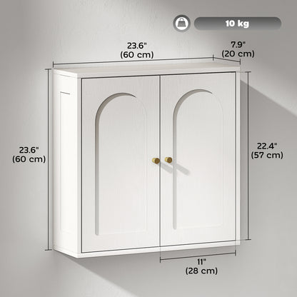 Medicine Cabinet, Modern Bathroom Wall Cabinet with 2 Arched Doors and Gold Handles, White Wood Grain