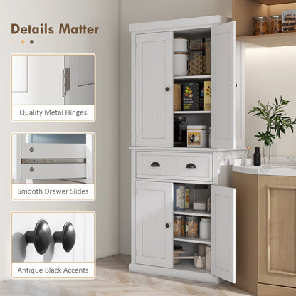 72" Kitchen Pantry, Freestanding Storage Cabinet with Adjustable Shelves, Drawer, Doors, Anti-tip Design, White