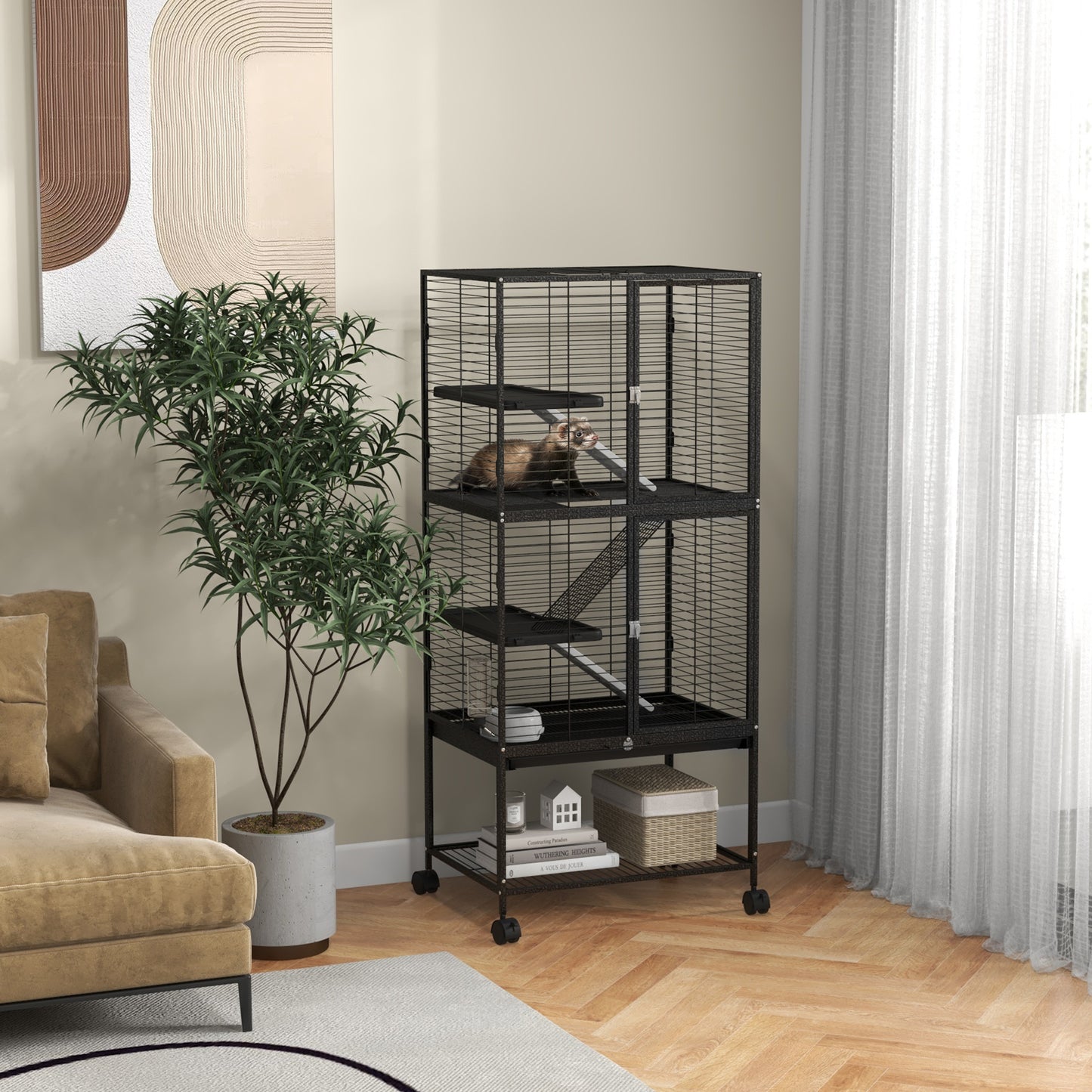 Rolling Small Animal Cage 53.5"H Chinchilla Cage for Ferrets, Squirrels w/ Removable Tray, Storage Shelf, Dark Grey