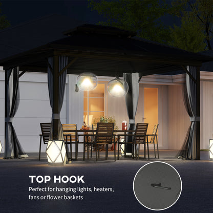 10' x 12' Hardtop Gazebo, Sun Shelter with Double Tier Metal Roof, Mosquito Netting, and Hanging Hook, Light Grey