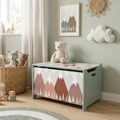 Qaba Toy Box, Kids Storage Chest with Lid, Safety Hinges and Groove Handles, Toy Storage Organizer with Mountain Pattern for Boys, Girls, Green