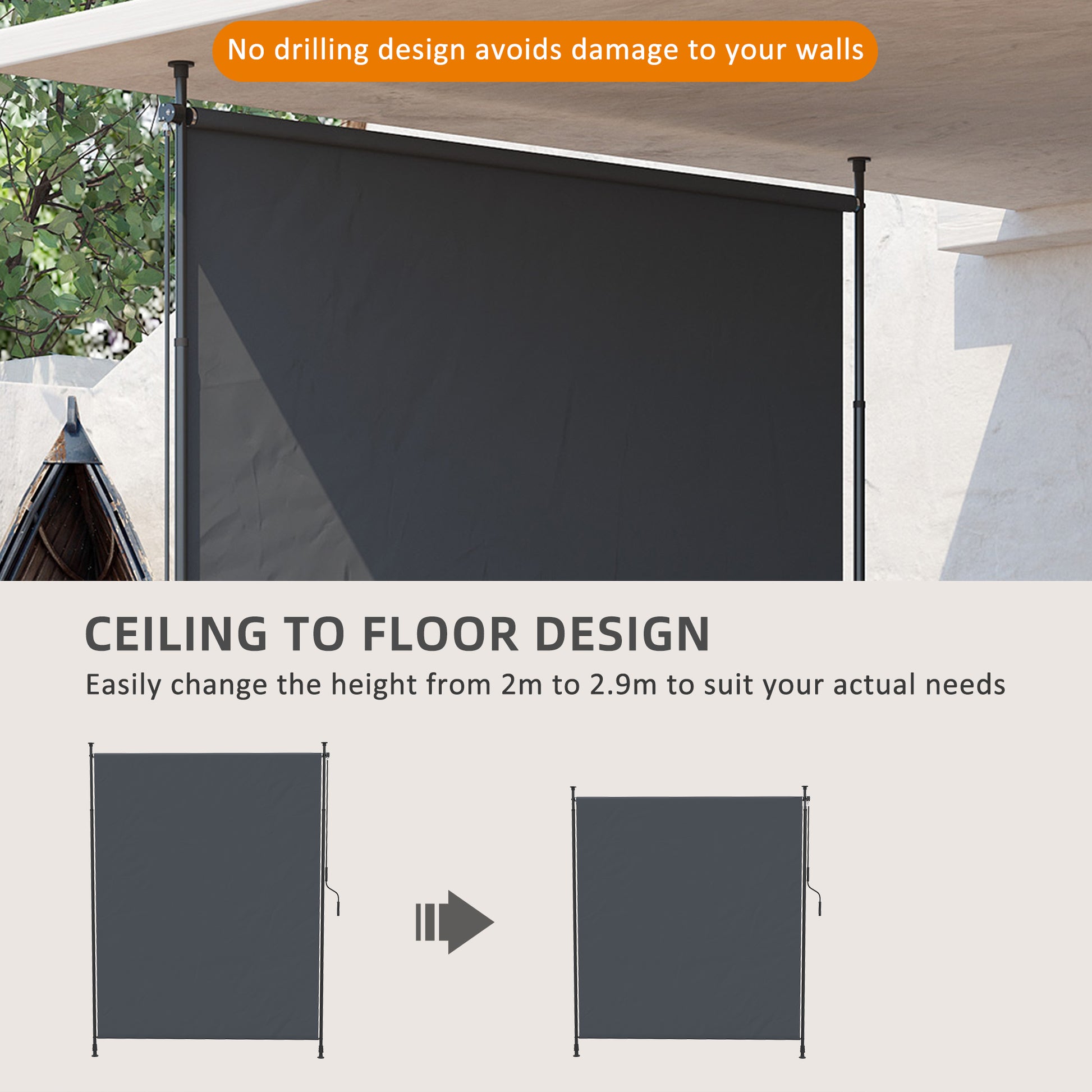 7' x 10' Retractable Patio Awning, Manual Outdoor Privacy Screen with UPF40+ & Water-Resistant Fabric, Grey