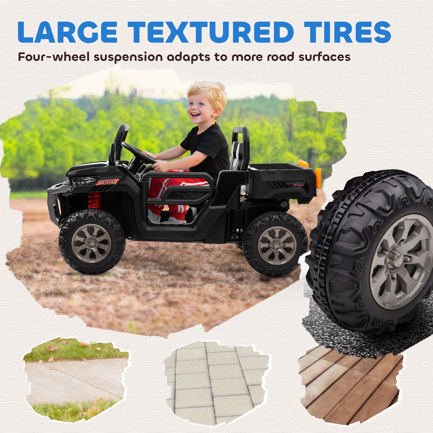 Aosom 12V Ride on Car with Electric Bucket, Two-Seater, Shovel, Remote Control, Spring Suspension, Horn, Music, Black