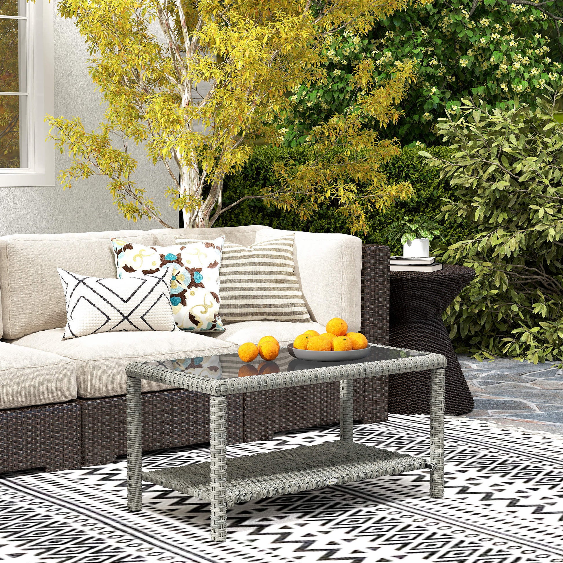 35" Outdoor Wicker Coffee Table with Glass Top, Storage Shelf for Garden Porch Balcony Deck, Dark Grey