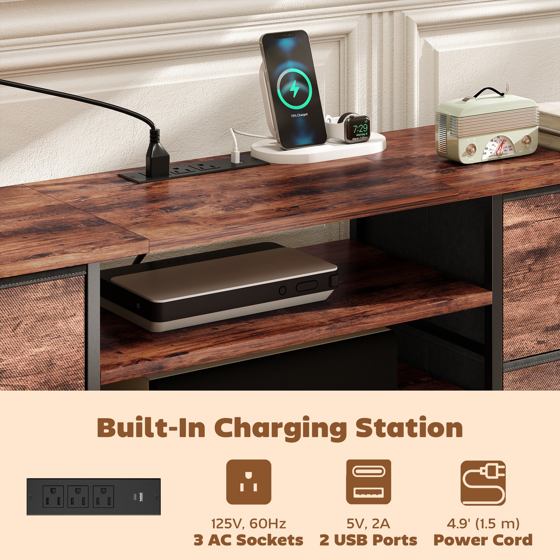 TV Stand for TVs up to 65 Inch, Industrial TV Console with Charging Station, 5 Drawers and Open Shelves, Rustic Brown