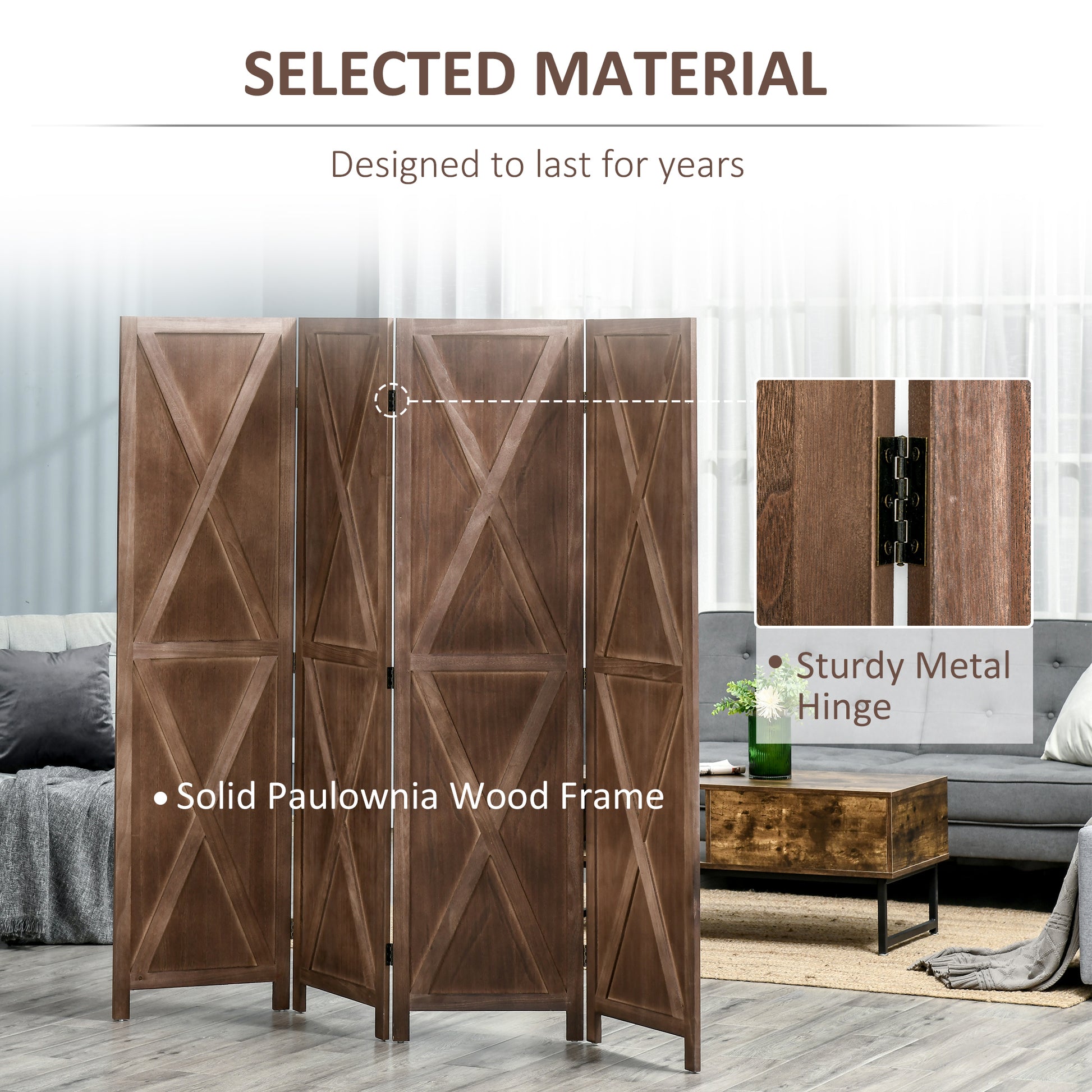 4-panel Wall Partition Farmhouse Room Separator with Foldable Design Wooden Frame 5.6FT, Walnut