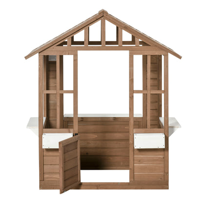 Kids Wooden Playhouse, Outdoor Garden Games Cottage with Flowers Pot Holder, Working Door, Windows, Brown