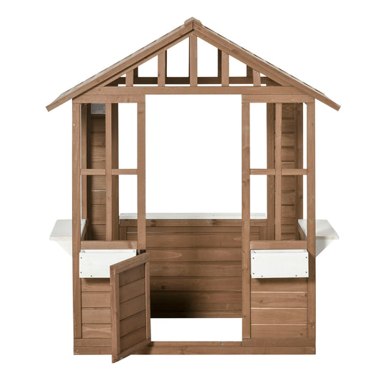 Kids Wooden Playhouse, Outdoor Garden Games Cottage with Flowers Pot Holder, Working Door, Windows, Brown