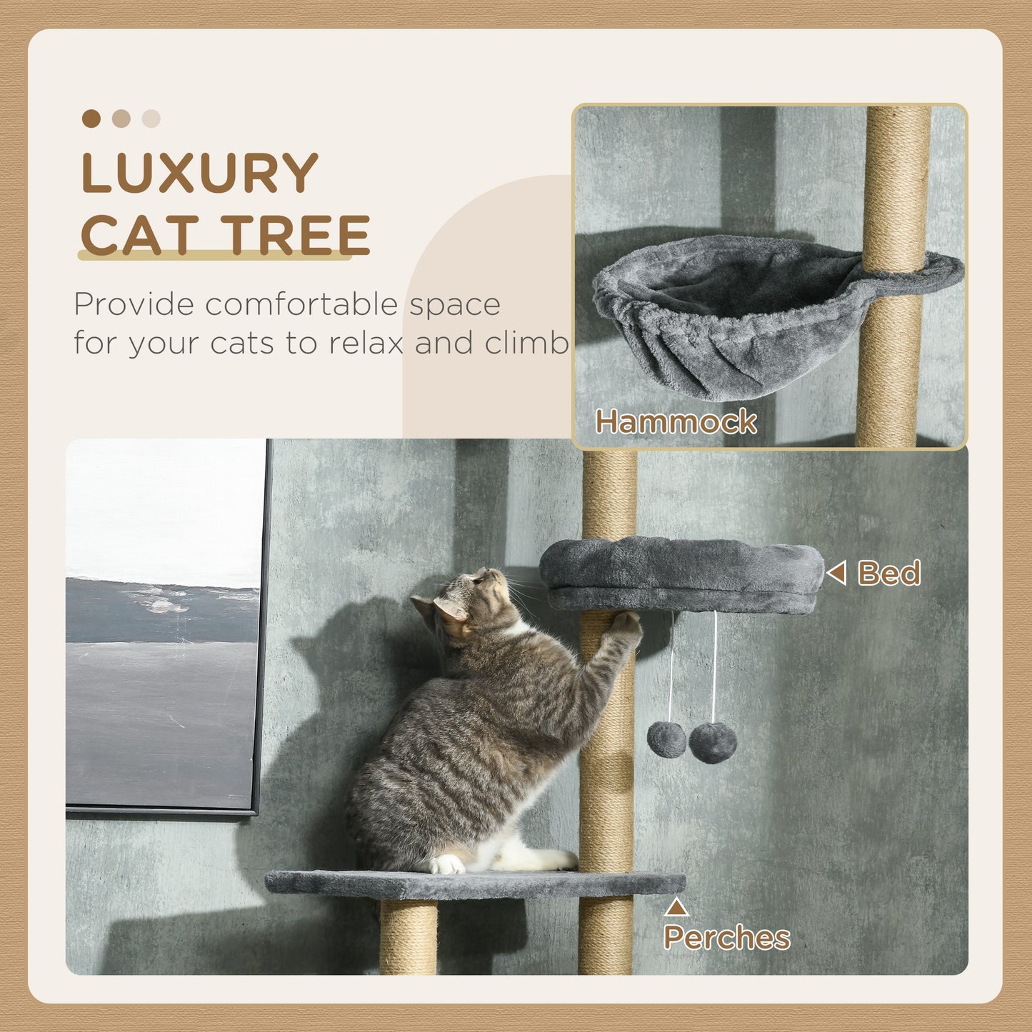 Floor to Ceiling Cat Tree, 90.5" - 98.5" Cat Tower with Scratching Post, Dangling Balls, Platforms, Bed, Hammock, Grey