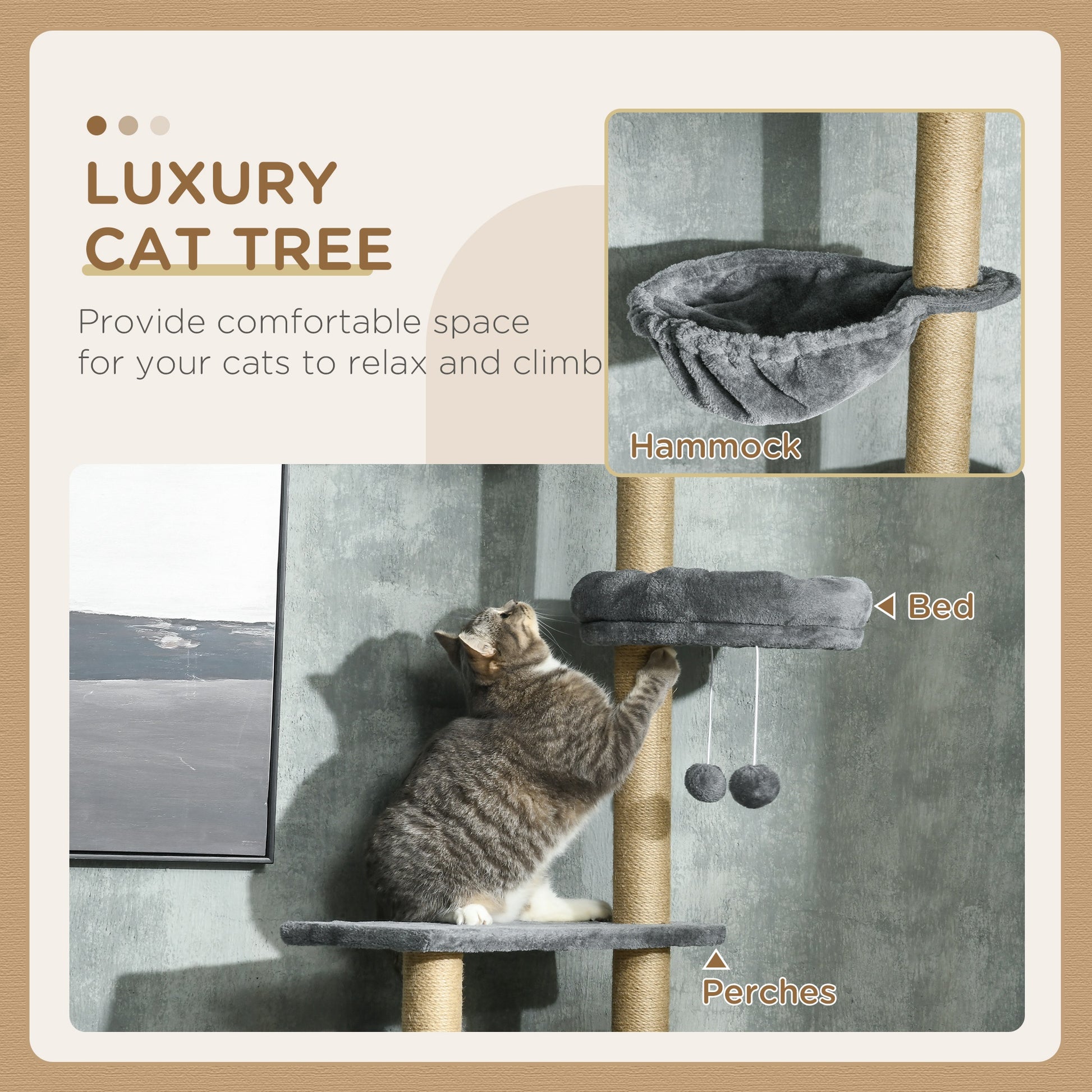 Floor to Ceiling Cat Tree, 90.5" - 98.5" Cat Tower with Scratching Post, Dangling Balls, Platforms, Bed, Hammock, Grey
