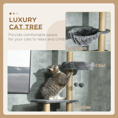 Floor to Ceiling Cat Tree, 90.5" - 98.5" Cat Tower with Scratching Post, Dangling Balls, Platforms, Bed, Hammock, Grey