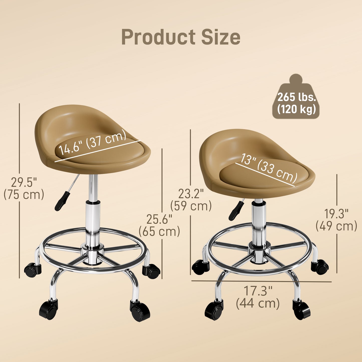 PU Leather Rolling Stool, Height Adjustable Swivel Salon Chair with Backrest and Foot Rest for Spa, Tattoo, Light Brown