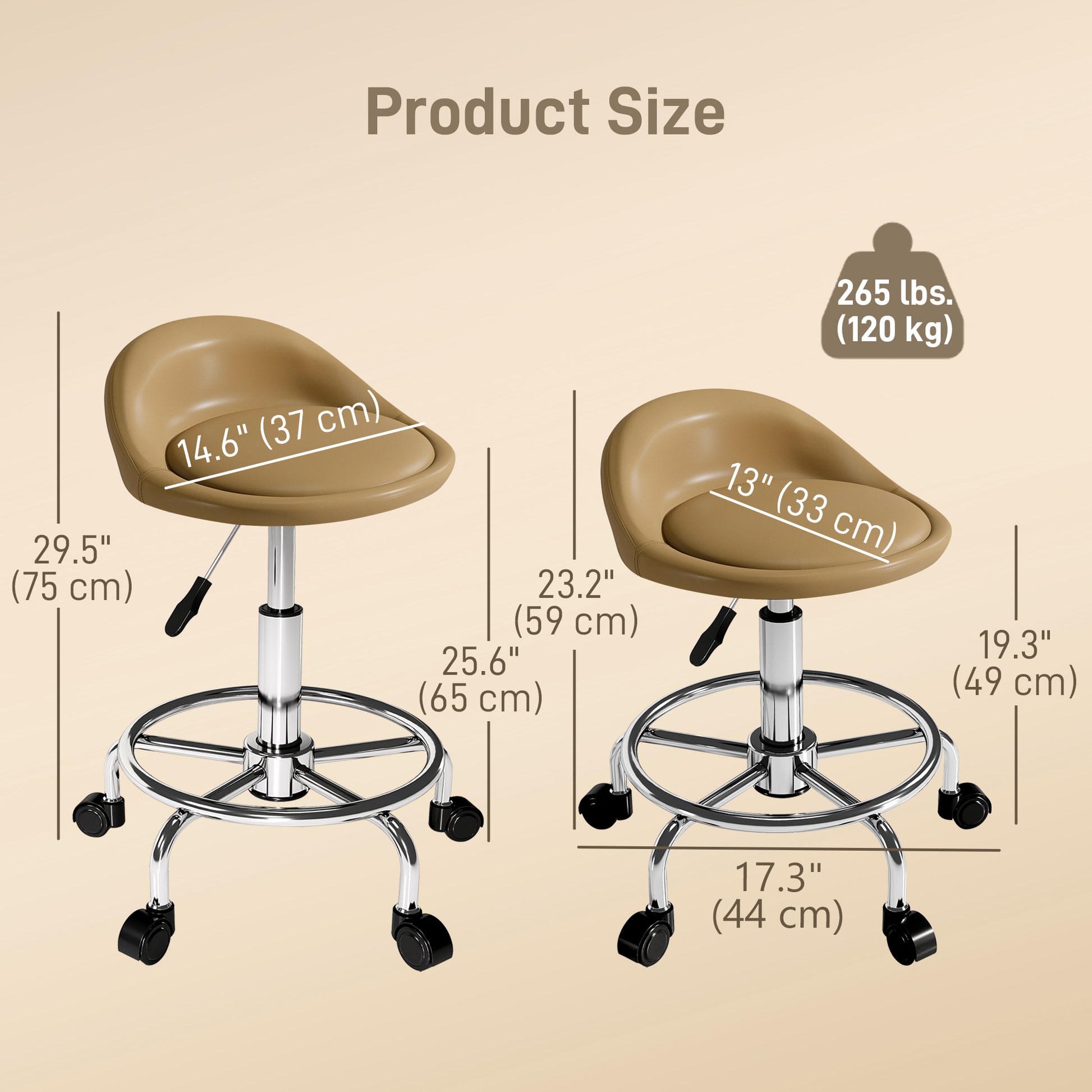 PU Leather Rolling Stool, Height Adjustable Swivel Salon Chair with Backrest and Foot Rest for Spa, Tattoo, Light Brown