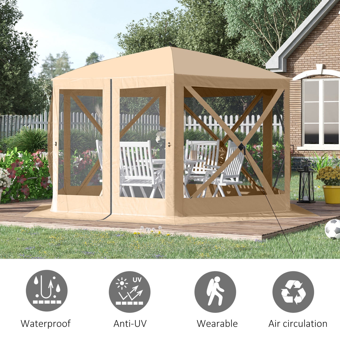 12' x 12' Hexagon Automatic Pop Up Screen Tents Camping Shelter Picnic Canopy Outdoor Sun Shade w/ Mesh Sidewalls and Carry Bag Beige