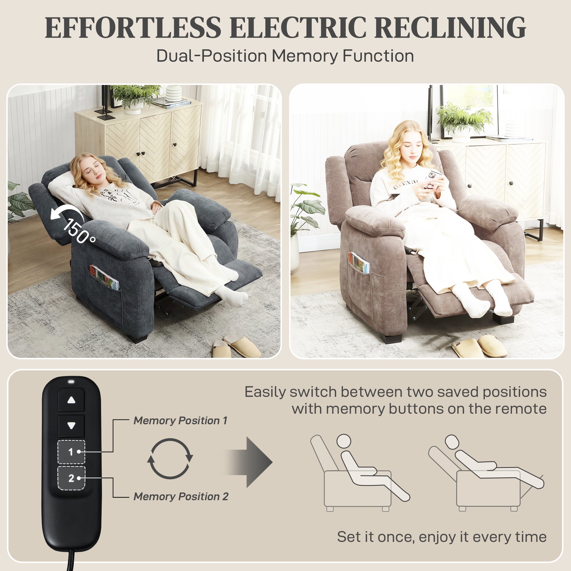 Massage Recliner Chair, Power Recliner with Quiet Brushless Motor, Remote, Pockets, 2 Memory Positions, Dark Grey