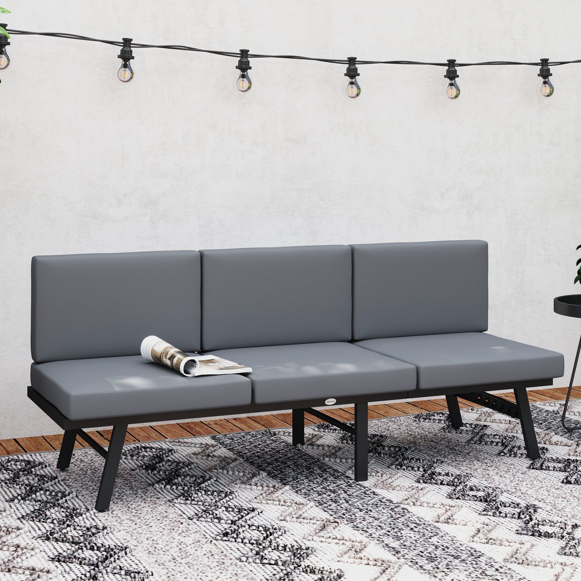 3-in-1 3-Seater Outdoor Sofa, Lounge Chair with 5-Position Adjustable Back, Patio Loveseat with Folding Table, Grey