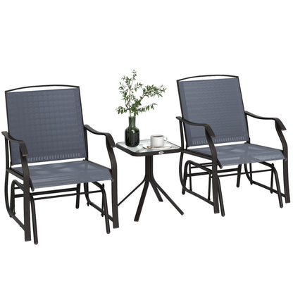 3 Piece Patio Glider Set Outdoor Gliders with Breathable Mesh Seat, Glass Top Table for Garden, Yard, Grey