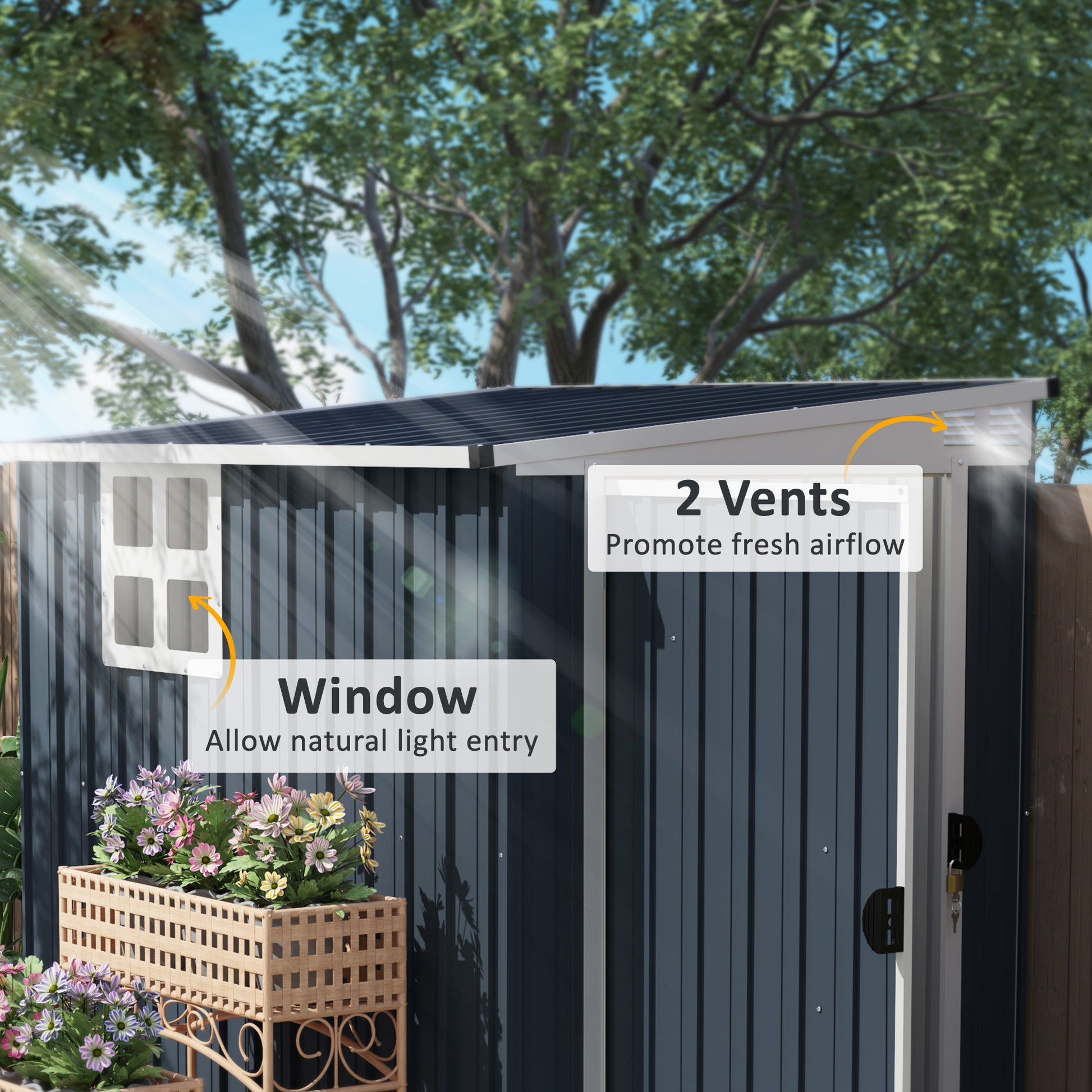4' x 6' Outdoor Storage Shed, Metal Garden Shed with Window, 2 Vents and Lockable Door, Durable Backyard Tool Storage House for Garden and Patio Use