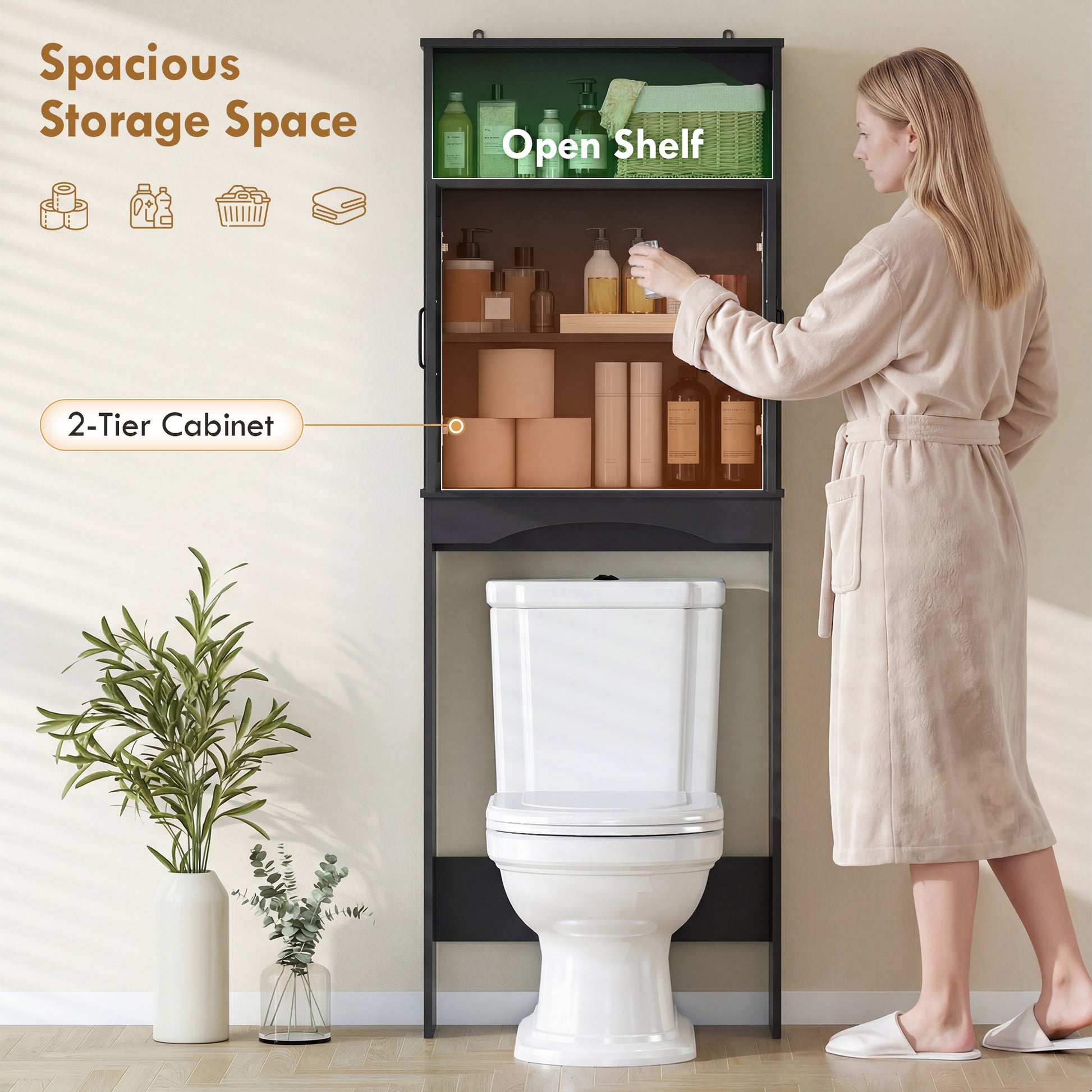 Over the Toilet Storage Cabinet Freestanding Bathroom Organizer with 2 Doors and Open Shelf Black