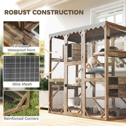 Wooden Catio Outdoor with Window Access, Waterproof Cover, Relaxing Condo, 5 Platforms, Doors, 59" x 28" x 59", Brown