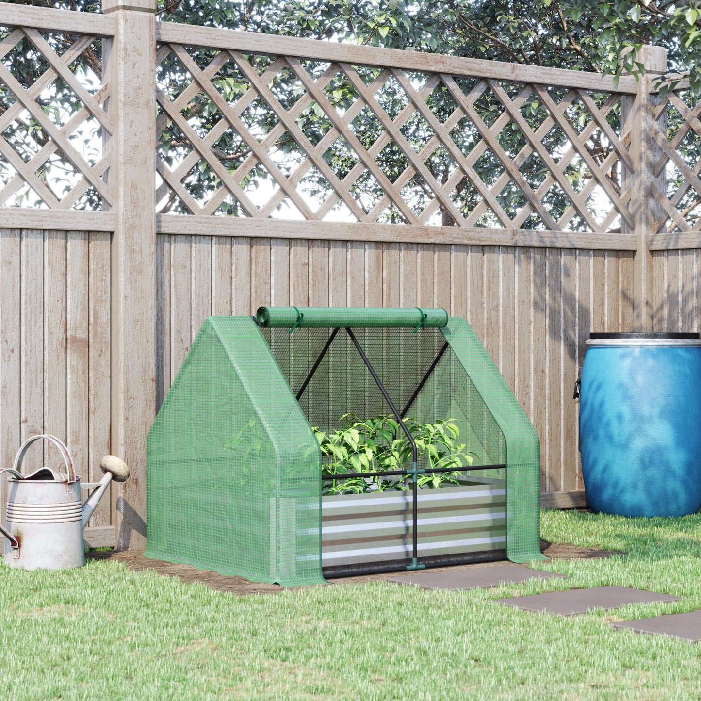 Steel Outdoor Raised Garden Bed with Greenhouse,Cover, Roll Up Door, Dual Use, 50"x37.4"x36.2", Green