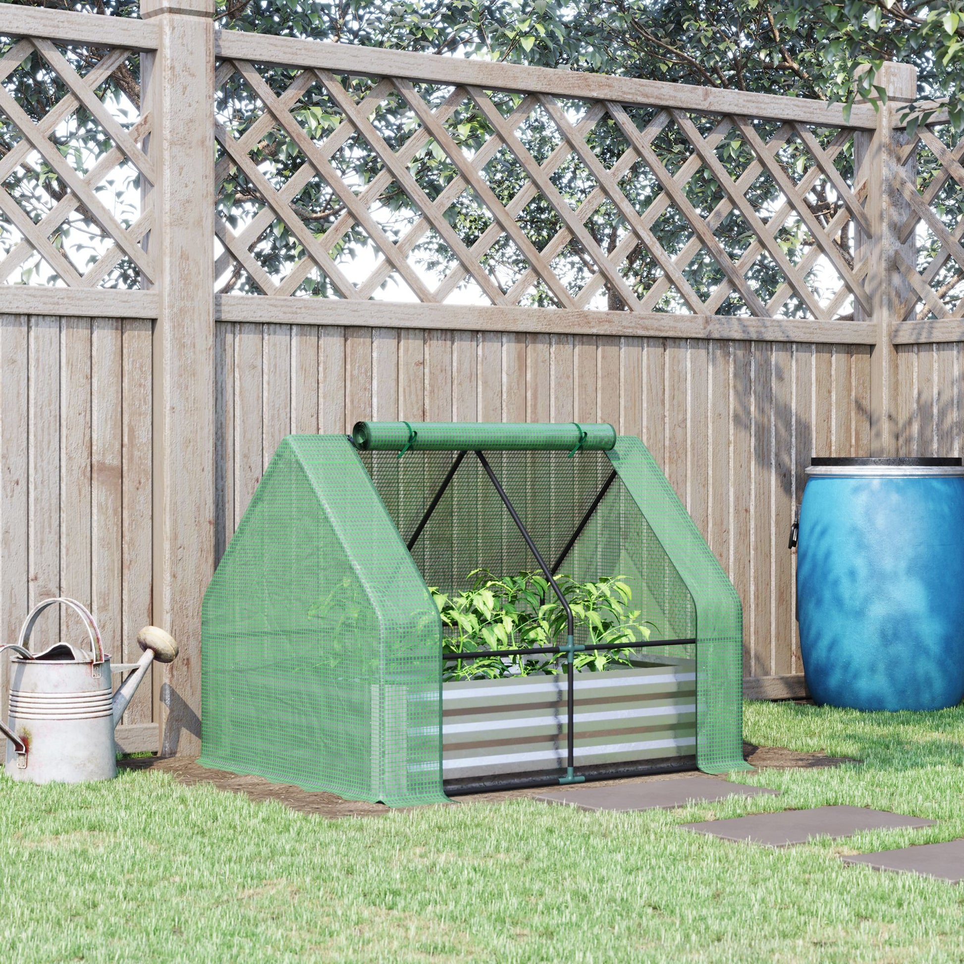 Steel Outdoor Raised Garden Bed with Greenhouse,Cover, Roll Up Door, Dual Use, 50"x37.4"x36.2", Green
