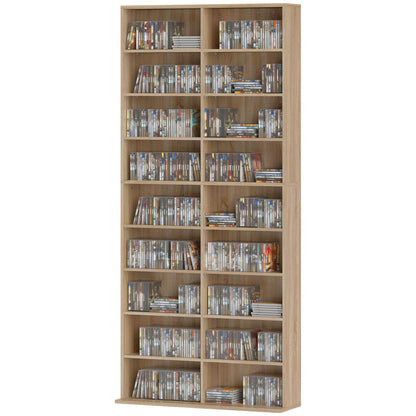 9-Tier DVD Shelf with 18 Compartments and 14 Adjustable Shelves, Holds 640 CDs, 360 DVDs or 430 Blu-rays, Natural Wood