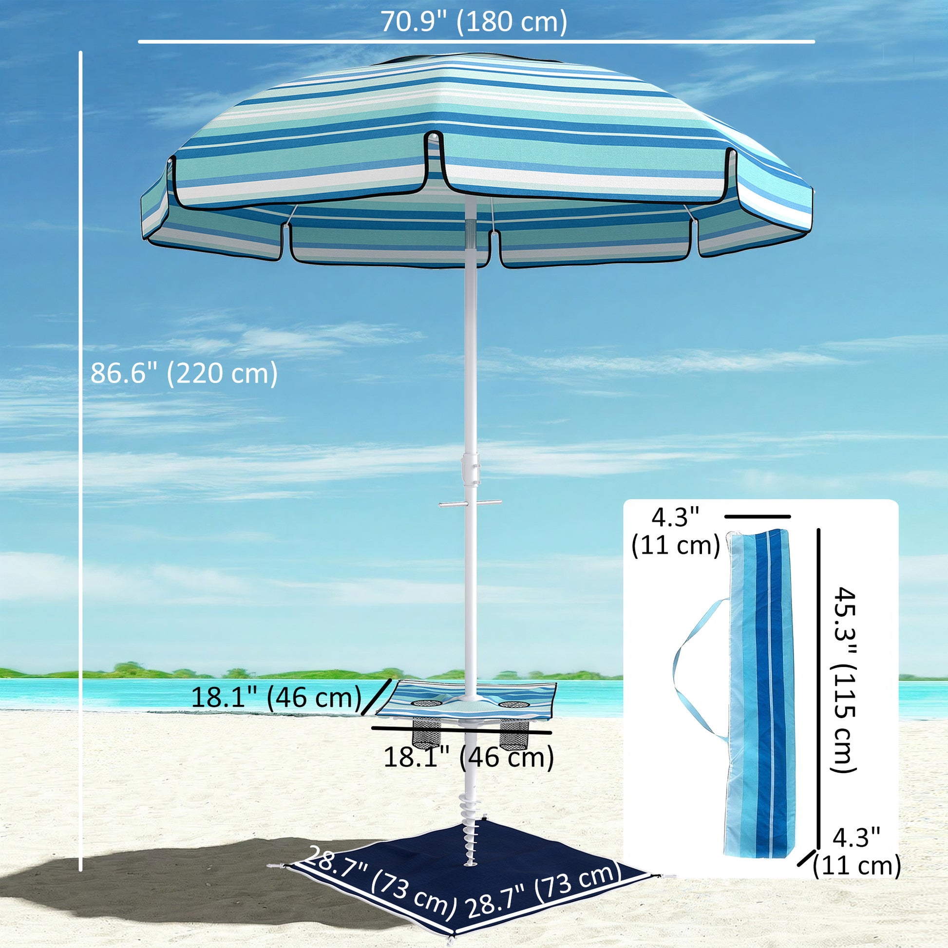 6 ft Portable Beach Umbrella with Foldable Table, Tilting Outdoor Sun Shade with Sand Anchor, Sandbag, Dark Blue