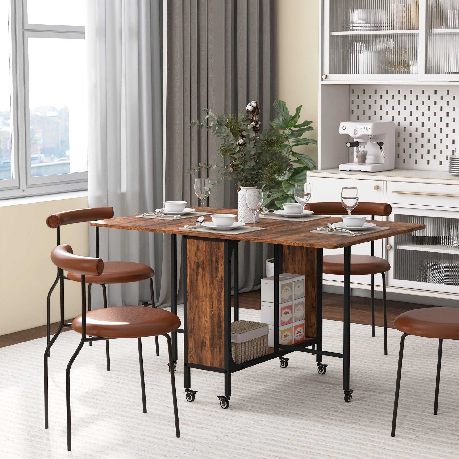 Folding Dining Table, Extendable Kitchen Table for Small Spaces with Storage Shelf and 6 Wheels, Rustic Brown
