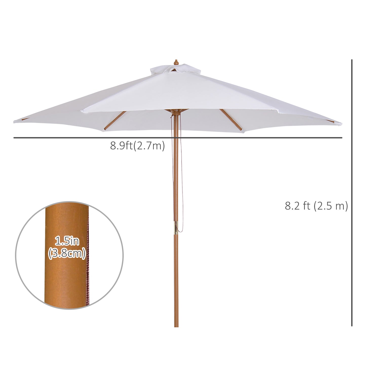 ⌀9' x 8' H Patio Umbrella, Market Umbrella with Hardwood Frame and Wind Vent, Outdoor Beach Parasol, White
